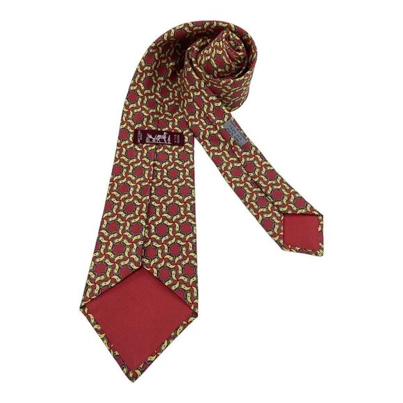 HERMES PARIS Vintage 7420 HA Red Yellow Belt Print Silk Tie France W: 3.5" EX CD - Picture 2 of 7